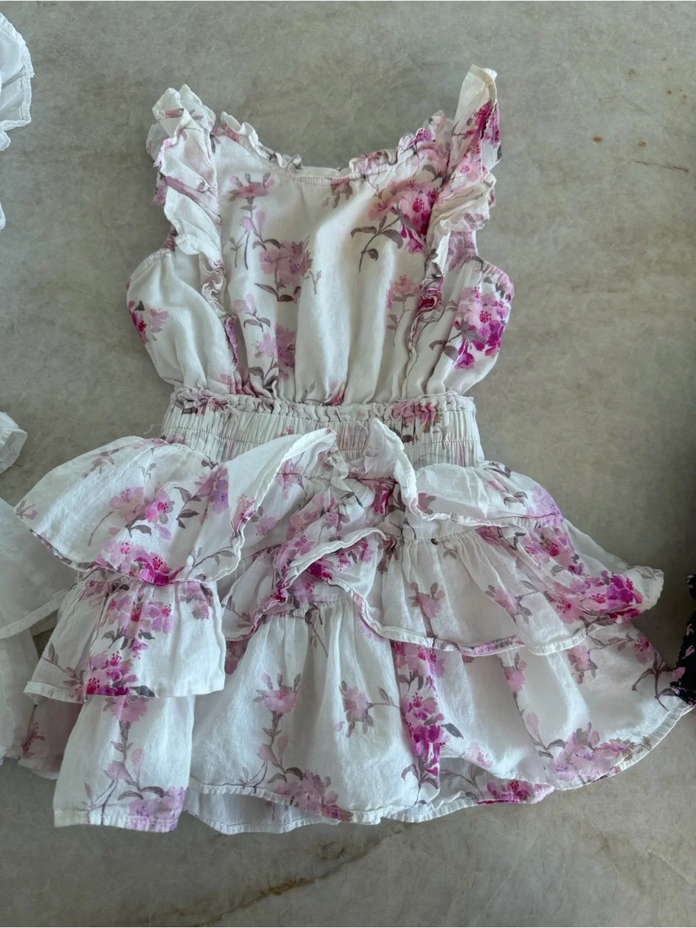 LoveShackFancy Girls White Floral Ruffle Dress with Pink Flowers